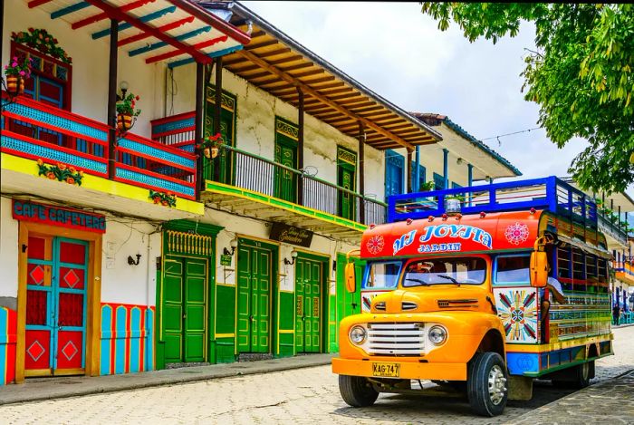 A vibrant chicken bus in Jardin, Antioquia, Colombia