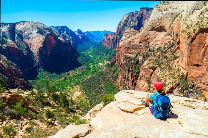 A hiker takes in the breathtaking view from Angels Landing in Zion National Park, Utah.