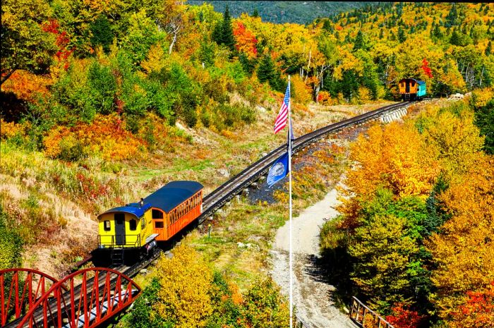 A locomotive on the cog railway at Mt Washington, New Hampshire