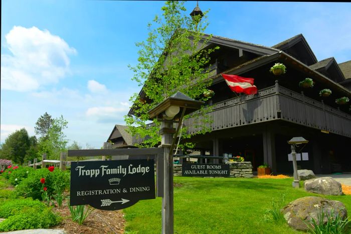 The main entrance to the Trapp Family Lodge in Stowe, Vermont