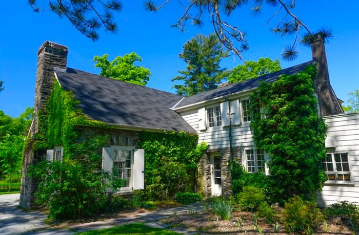 The exterior of a charming stone cottage draped in ivy