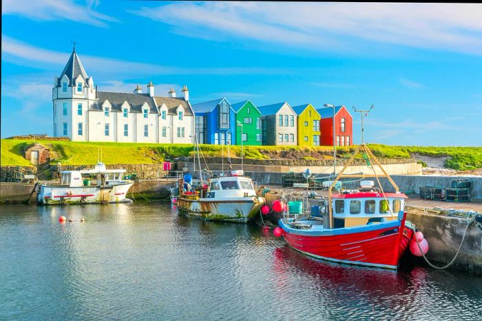 The vibrant buildings of John O’Groats on a sunny afternoon, Caithness county, Scotland