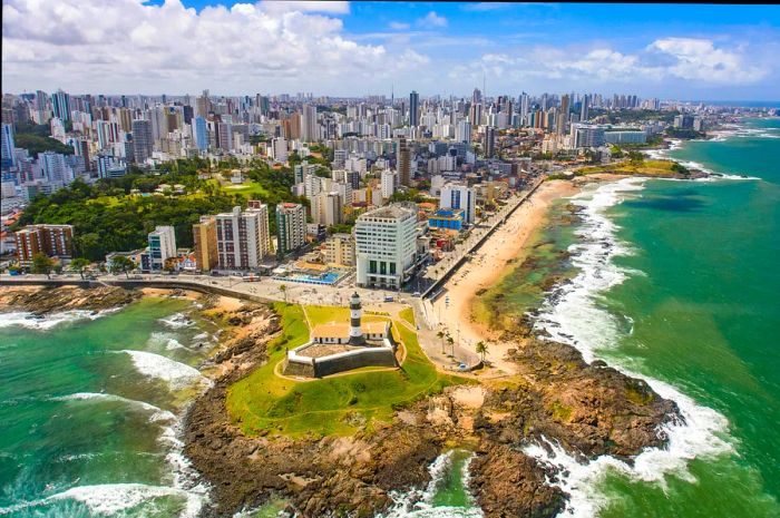 Aerial view of the Barra lighthouse in Salvador, Brazil