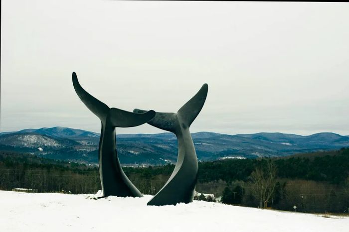 A public art installation known as Whales Tails rises above the snow in Randolph, Vermont.