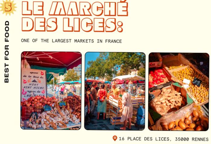 An outdoor food market featuring stalls with fresh produce on a sunny day in Rennes.