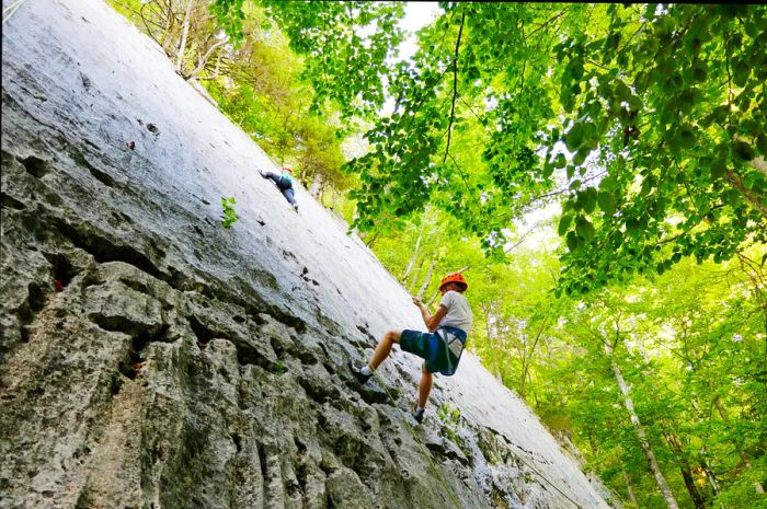 Teenagers rock climbing in the Jura mountains, viewed from below as they rappel down a rock face.