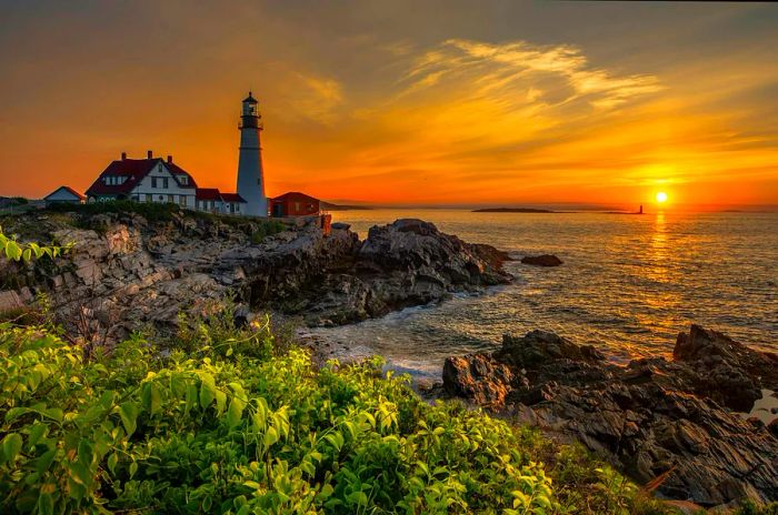 Sunset at Portland Head Lighthouse in Cape Elizabeth, Maine.