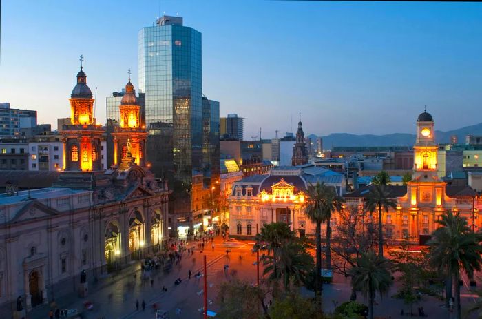 Nighttime view of the Plaza De Armas, Santiago, Chile