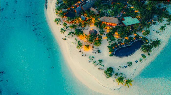 An aerial view of an opulent resort featuring a pool and palm trees adjacent to the ocean.