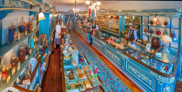 Employees at Shane Confectionery in Philadelphia work amidst a charming old-fashioned blue and white decor.