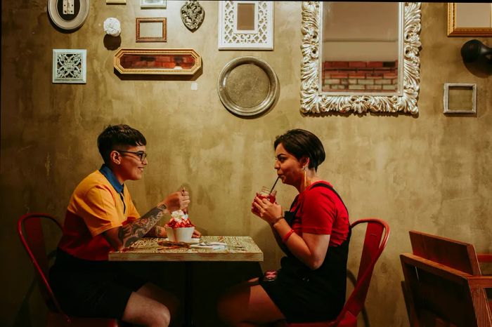 Two women enjoying a meal at a café in Chile