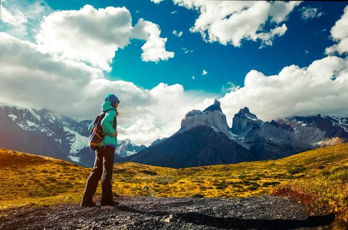 A woman hiking along a trail in Torres del Paine National Park