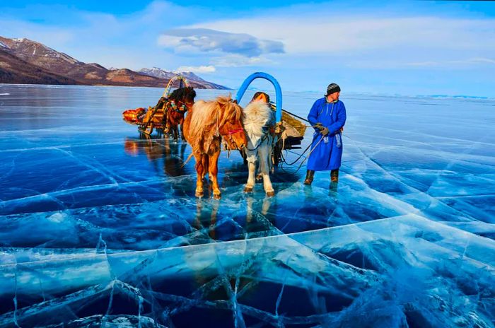 A man with a horse sled on the frozen lake of Khovsgol during winter in Mongolia