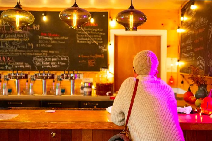 A mixed-race non-binary person in their 30s orders cider at the Stone Ridge Orchard farm bar in the Hudson Valley, upstate New York.