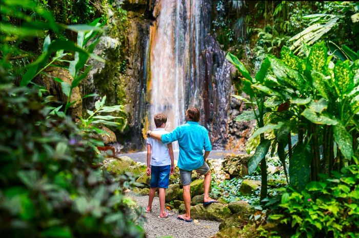 A family enjoying the view of Diamond Waterfall on Saint Lucia in the Caribbean.