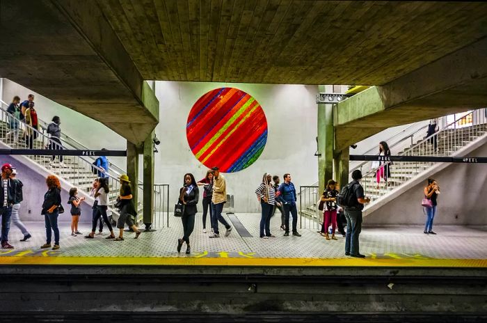 Individuals wait on a subway platform in Montréal, Québec, Canada