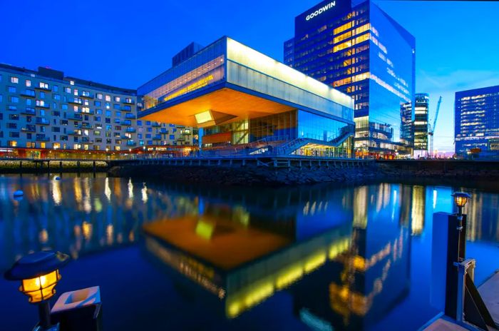 The Institute of Contemporary Art illuminated at dusk, Seaport District, Boston, Massachusetts, USA