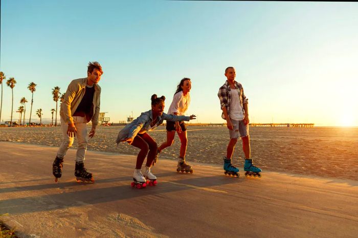 Friends enjoying a roller skating session on the Venice Beach boardwalk along the Santa Monica promenade in Los Angeles, California