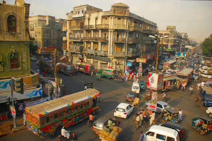 A bustling traffic intersection in Karachi, Pakistan