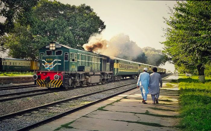 A train arriving at a station in Islamabad, Pakistan