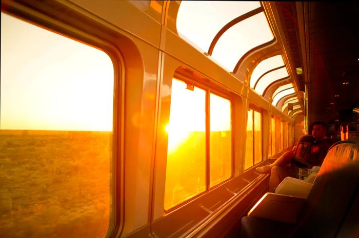 A young man gazes at the sunrise over the Texas horizon through the expansive windows of the Amtrak train journeying from San Antonio to Alpine.