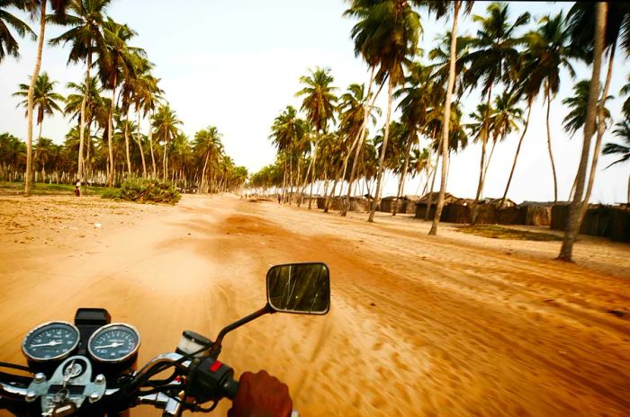 A motorcyclist cruising along a palm-fringed beach road in Benin