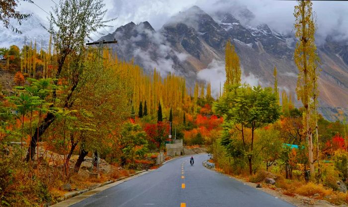 A motorcyclist navigates a highway in a mountainous area, surrounded by trees transforming into vibrant autumn hues of gold and orange.