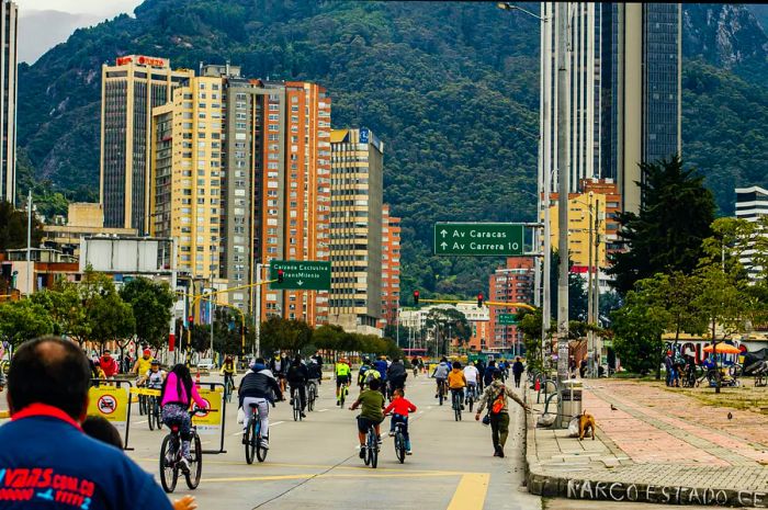 On Sundays, cyclists and pedestrians take over the streets in Bogotá for the ciclovia.