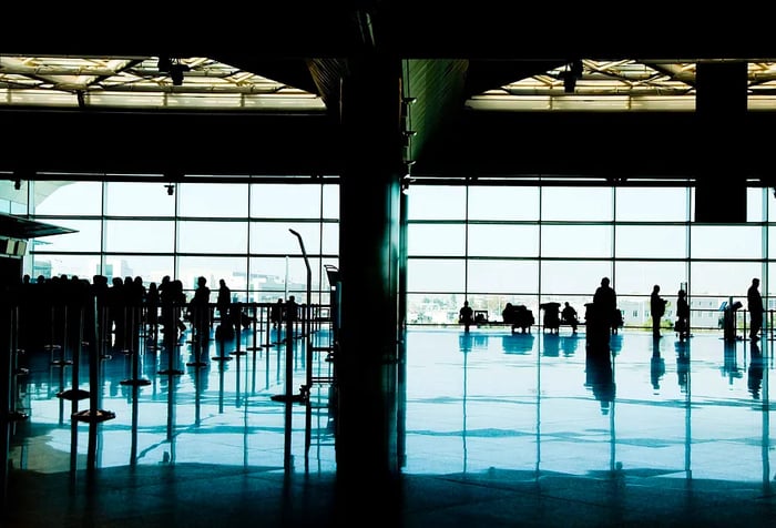 A bustling international airport terminal