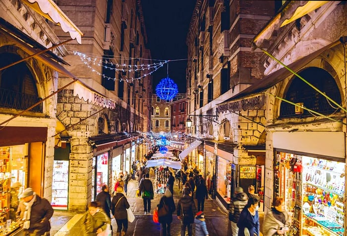 Christmas lights adorn the shopping streets of Venice.