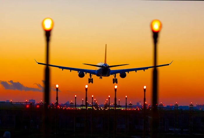 sunset landing at Brussels Zaventem Airport; Shutterstock ID 581280244; Purpose: email; Brand (Dinogo, Momondo, Any): Dinogo