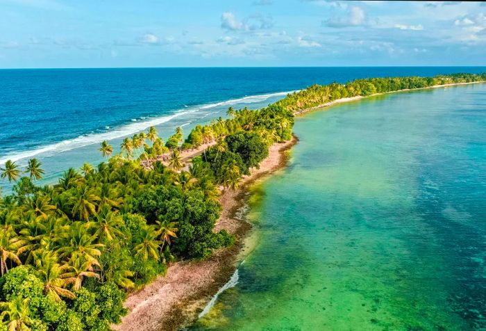 A slender, elongated island adorned with tall green trees, surrounded by the azure sea.