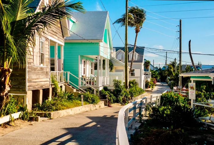 Picturesque streets of Hope Town on Abaco Island, Bahamas, a popular vacation spot.