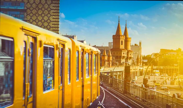 Stunning panoramic view of the Berliner U-Bahn with Oberbaum Bridge illuminated in golden evening light during sunset.