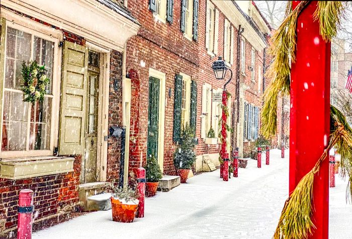 Center city Philadelphia. Elfreth Alley adorned with a blanket of winter snow.