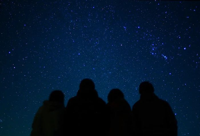 The silhouette of four individuals beneath a dazzling starry sky.