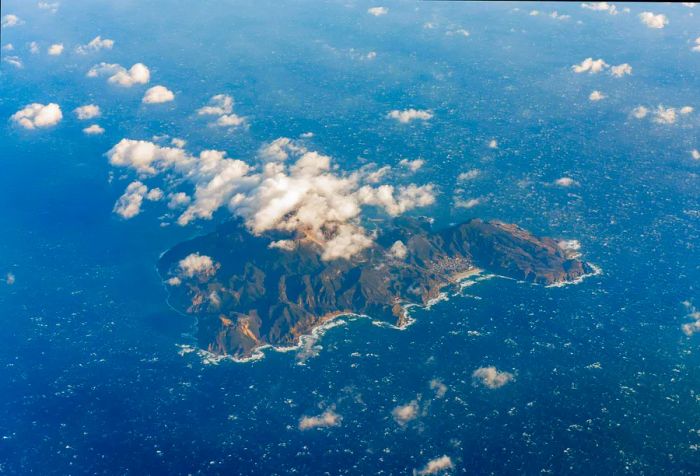 A stunning aerial view of Kozushima Island during the morning hours, Tokyo, Japan.