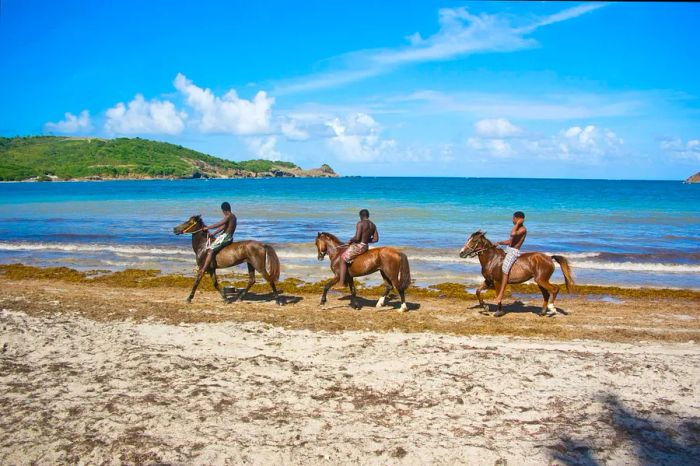 Three men riding horses at Cas En Bas beach, St. Lucia, on a stunning afternoon