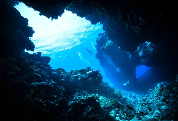 Scuba divers investigating stunning underwater rock formations.