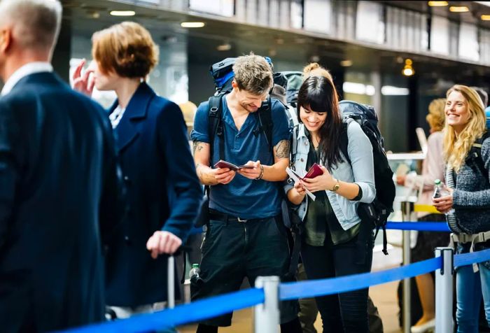 A cheerful young couple with backpacks eagerly checks their passports while waiting in line.