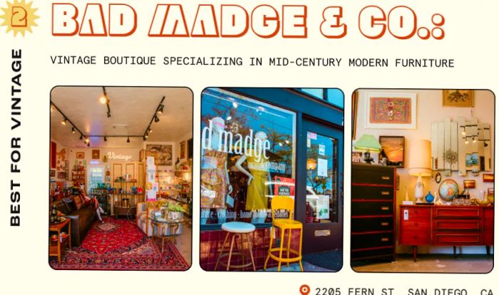 Images showcasing the mid-century design at Bad Madge & Co in San Diego