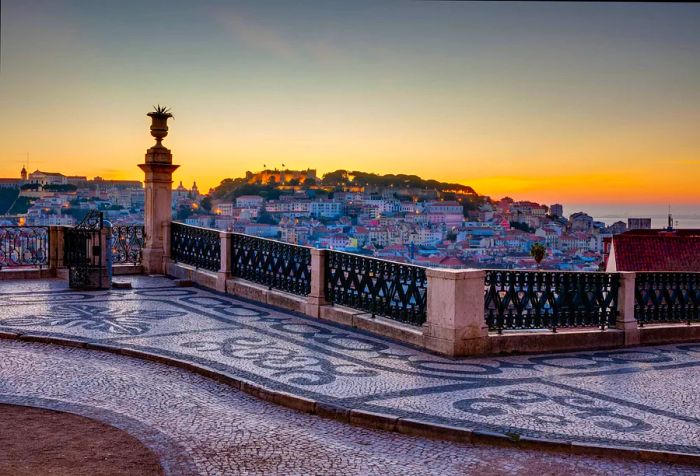 A charming cityscape, viewed from a rooftop against a beautiful twilight sky.