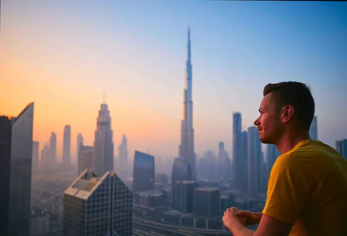 A man gazes at a skyline filled with skyscrapers from a terrace on a foggy morning.