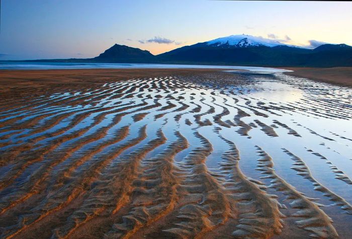 Tidal flats dotted with puddles along the beach, framed by a snow-capped mountain in the background.