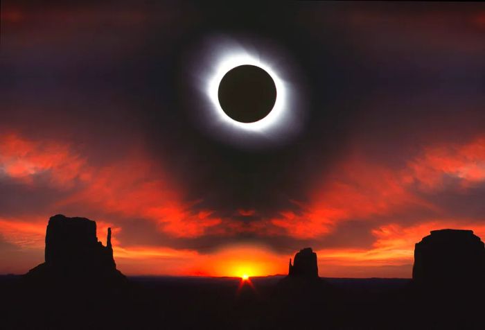 Breathtaking view of the dramatic sky during a total solar eclipse over Monument Valley.