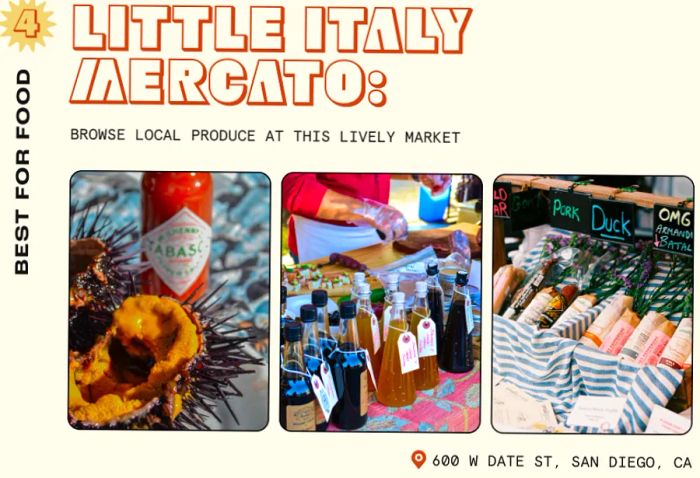 Close-up images showcasing food at the Little Italy Mercato in San Diego