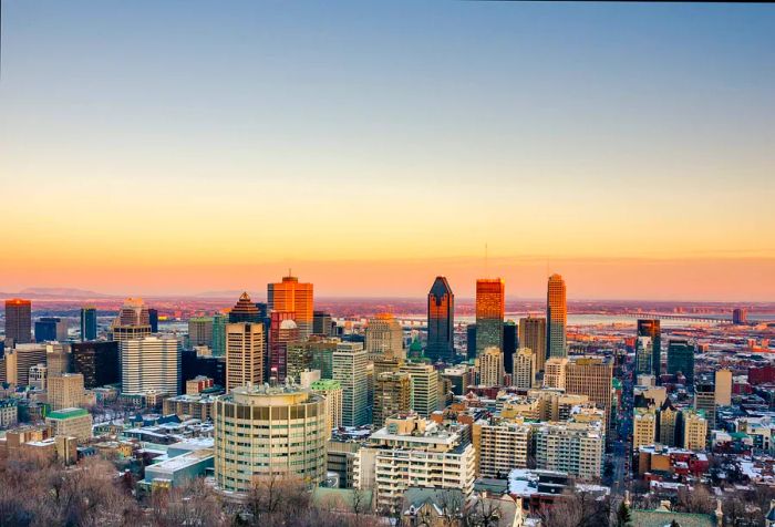 Sunlight cascades over the tops of the tall buildings that define the city skyline.