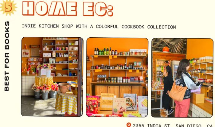 Close-up of food and cookbooks showcased at Home Ec, an independent kitchen supply store and cookbook shop in San Diego