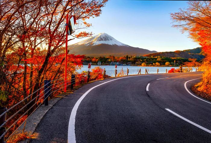 A deserted road with a view of snow-capped Mount Fuji, framed by warm-toned autumn leaves on a crisp, sunny fall day.