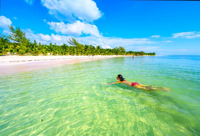 A person in a bikini swims in clear waters, with a stunning beach and lush green shoreline in the background.